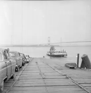 Ferry Prints: Cars waiting for the severn river ferry the Severn Princess that ran from Beachley to