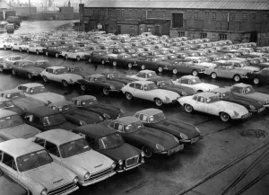 Dock Prints: Some of the many cars waiting for shipment from the Queen Alexandra Dock at Cardiff Docks