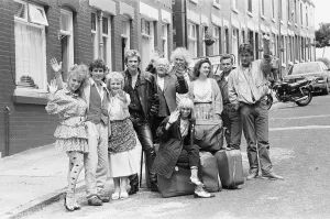 The cast of the BBC hit comedy Bread'during a break in filming in Elswick