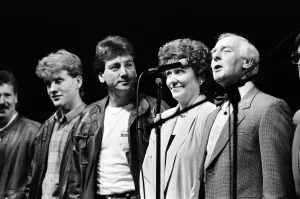 Some of the cast of Brookside at Liver Aid, Liverpool Empire Theatre. 20th September 1985