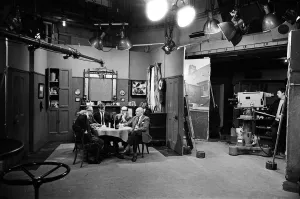 The cast of Coronation Street on set. Jack Howarth as Albert Tatlock