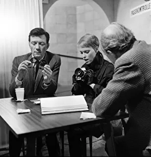 Cast and crew on the set of A Dandy in Aspic. The scene is representing a checkpoint in