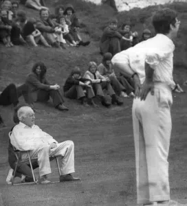 The cast of Dads Army taking part in a charity cricket match at Hayfield in Derbyshire