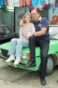 The cast of EastEnders on set. Daniella Westbrook as Sam Mitchell