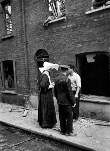 Catholic nuns from the order Sister of Mercy at scene of a V1 flying bomb incident in