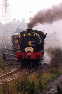 The Causey Rambler makes its way out of the new East Tanfield Railway station on 27th