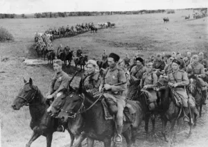 Ussr Prints: Cavalry soldiers of the Soviet Red Army press forward during the battle against