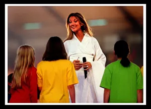 Celine Dion at Murrayfield Edinburgh July 1999 White kimoni, holding microphone