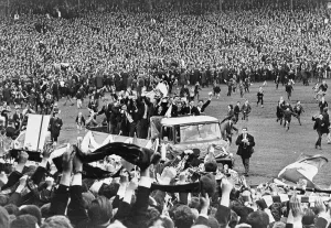 Lorry Prints: The Celtic football team parade the European Cup trophy from an open top lorry during