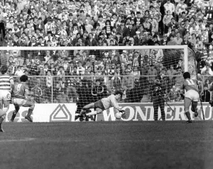 Celtic verses Rangers - 1984 Scottish League Cup Final. Pat Bonner parries