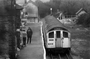 A Central Line train at the platform of Epping Station March 1980