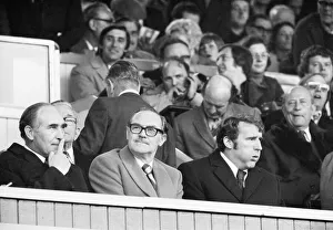 Chairman of Crystal Palace Ray Bloye seated between England manager Alf Ramsey (left