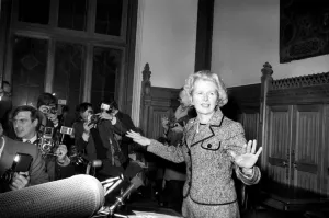 Challenger for leadership of the Conservative Party Margaret Thatcher arrives for a