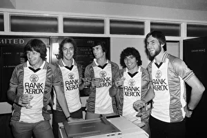A champagne toast for Southampton FC players wearing their new Rank Xerox sponsored