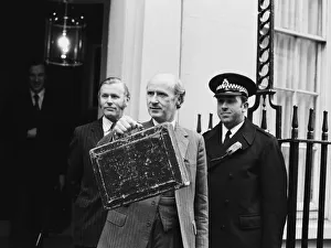 Finance Prints: Chancellor of the Exchequer Anthony Barber holds up his red budget box as he leaves