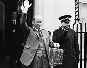 Chancellor of the Exchequer Anthony Barber waveas as he holds his red budget box