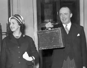 Budget Prints: The Chancellor of the Exchequer (George Edward) Peter Thorneycroft is here seen holding