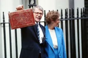 Chancellor of the Exchequer John Major at 11 Downing Street with his wife Norma as he