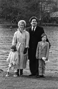 Chancellor of the Exchequer Nigel Lawson and his wife Therese with their children Tom