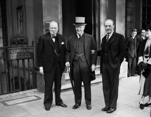 Former Chancellor of the Exchequer Winston Churchill pictured with Lord Hailsham