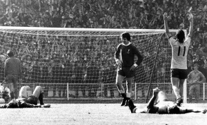 F A Cup Prints: Charlie George scores Arsenals winning goal against Liverpool during the FA Cup 1971