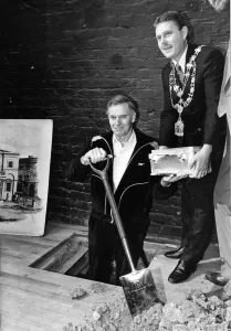 Track Suit Prints: Charlton Heston and Coun Derek Webster with the Theatre Royal Time Capsule