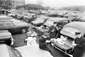 Chauffers enjoy a spot of lunch in the West Car Park at Twickenham whilst their