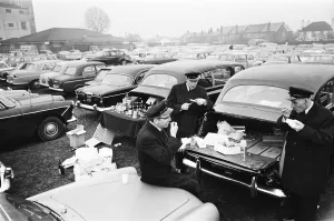 Chauffers enjoy a spot of lunch in the West Car Park at Twickenham whilst their