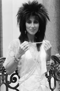 Necklace Prints: Cher, American singer and actress, in London for the premiere of her new film, Mask