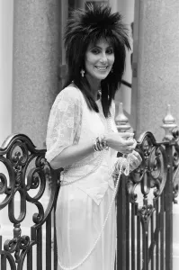 Cher, American singer and actress, in London for the premiere of her new film, Mask