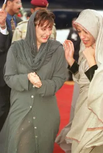 Head Scarf Prints: Cherie Blair arriving in Kuwait January 1999 with her husband Tony who visited the RAF