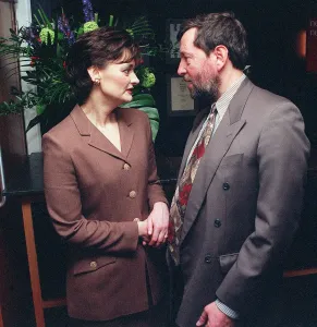 Disability Prints: Cherie Blair holds David Blunketts hand and talks to him at the unvieling of