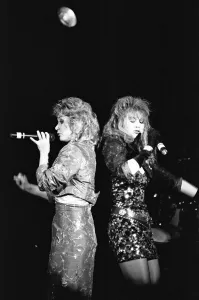 Cheryl Baker and Shelly Preston of Bucks Fizz seen here performing on stage at Leas Cliff