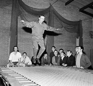 Chesterfield manager Jimmy McGuigan on the trampoline putting in a little impromptu
