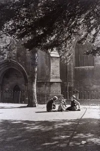 Childhood confidences in the playground of the girls school beside the walls of Tewesbury