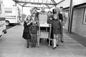 00523 Prints: Children, hospital staff and administrators help Huddersfield Hospital
