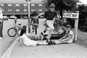 Children of Olympic Way in London, playing a game on the streets outside their homes