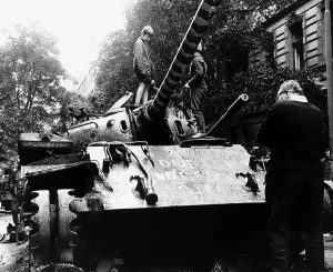 Czechoslovakia Prints: Children play on Russian tank in Prague during Russian Invasion in 1968