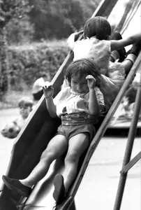 Slide Prints: Children play on a slide at the War Memorial Park, Coventry. 28th August 1967