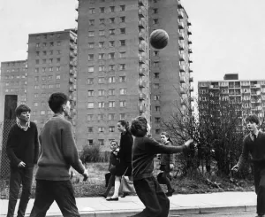 Boys Prints: Children playing football in the street in Childwall valley housing estate, Liverpool