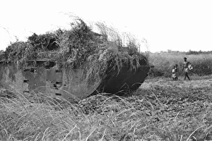 Battles And Campaigns Prints: Children playing near a weed strewn Buffalo LVT American tank in a potato field