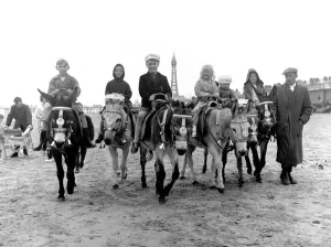 Holiidays Prints: Children riding donkeys along the beach at Blackpool 5th August 1958