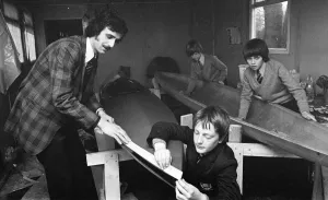 Middlesbrough Prints: Children at Sarah Metcalfe School build a canoe in Wood shop class, Middlesbrough