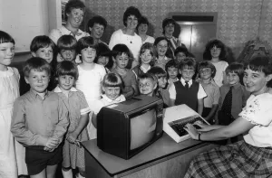 Children using computers. Pupils at Cramlingtons Crawhall First School were given