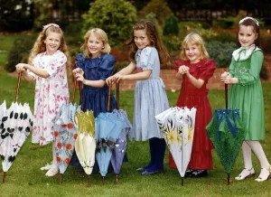 Parasol Prints: Childrens clothing and fashion Five young girls model matching dresses