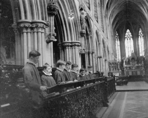 Choristers practising for the service on Sunday at Lichfield Cathedral. September 1959