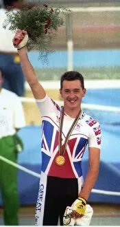 Images Dated 30th July 1992: Chris Boardman Cycling at the award ceremony after winning a gold medal at the 1992