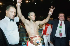 00266 Prints: Chris Eubank celebrates his victory over Nigel Benn at the NEC in Birmingham
