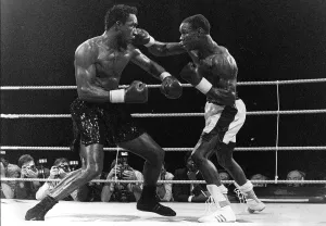 Chris Eubank Vs Nigel Benn in action during their WBO Middleweight World title fight