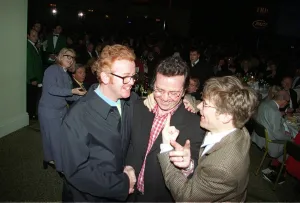 Chris Evans TV presenter with colleagues John Revell in centre and Will on right